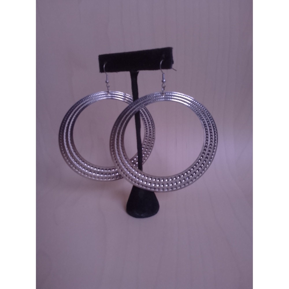 Silver Tone Oversized Textured Hoop Earrings Large Dotted Statement Boho 3.25in